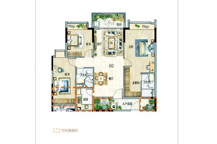 富力悅海灣B戶型3室2廳2衛(wèi)1廚104.67㎡