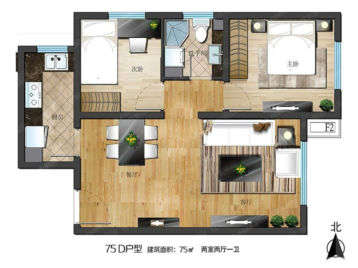 世界冠郡四期·璟峰75D戶型;2室2廳1衛(wèi)