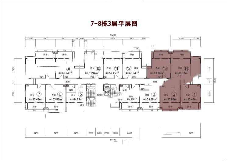 碧桂園雪茄風(fēng)情小鎮(zhèn)7、8#戶型平面圖 開(kāi)間 55.88㎡