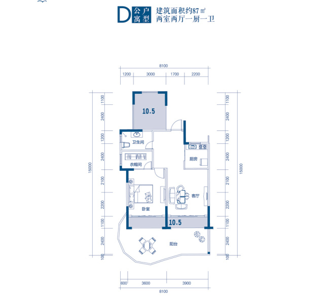 古鹽田·半島海天半島海天公寓D戶型 2室2廳1衛(wèi)1廚 87.00㎡