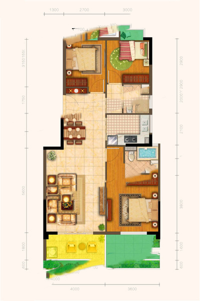 國廈御瀾灣B戶型 3室2廳2衛(wèi)1廚 105.00㎡