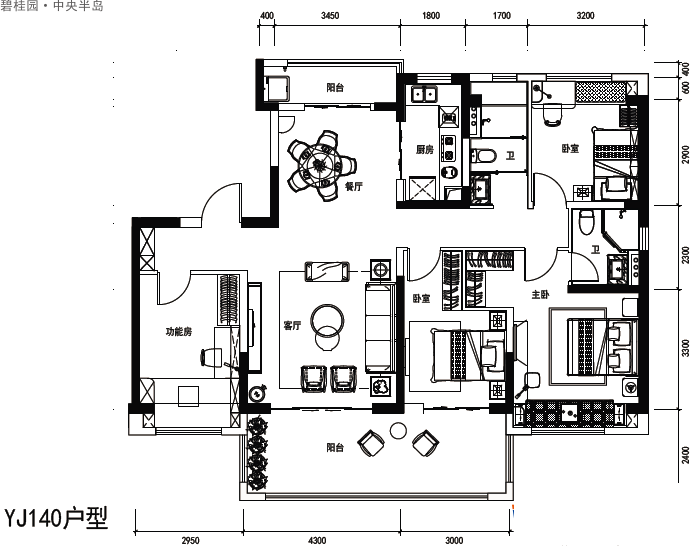 碧桂園·中央半島碧桂園·中央半島愛(ài)琴海YJ140戶(hù)型圖4室2廳2衛(wèi)1廚建面 142.00㎡