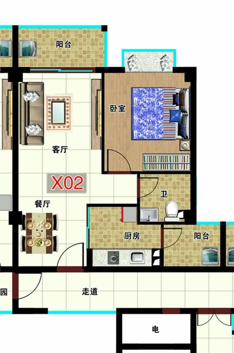 X02戶型圖 1室2廳1廚1衛(wèi)2陽臺