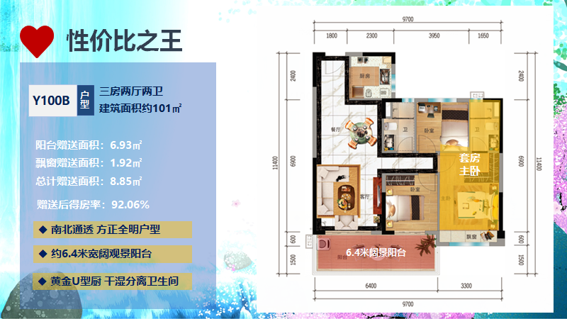 碧桂園十里繁花Y100B戶型三房兩廳兩衛(wèi) 101㎡