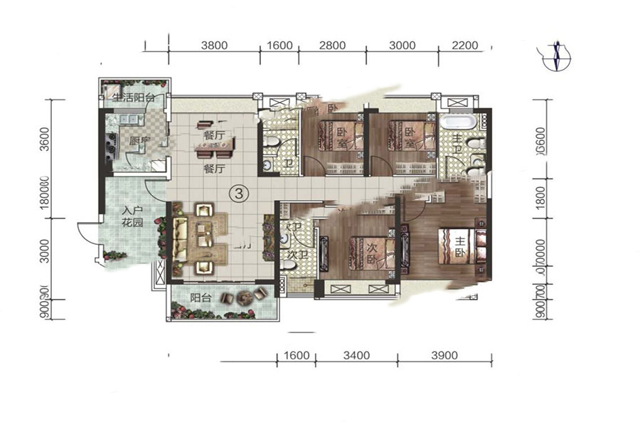 建華·翡翠城1座03A戶型 4室2廳3衛(wèi)1廚 160㎡ 100.8萬(wàn)元-套