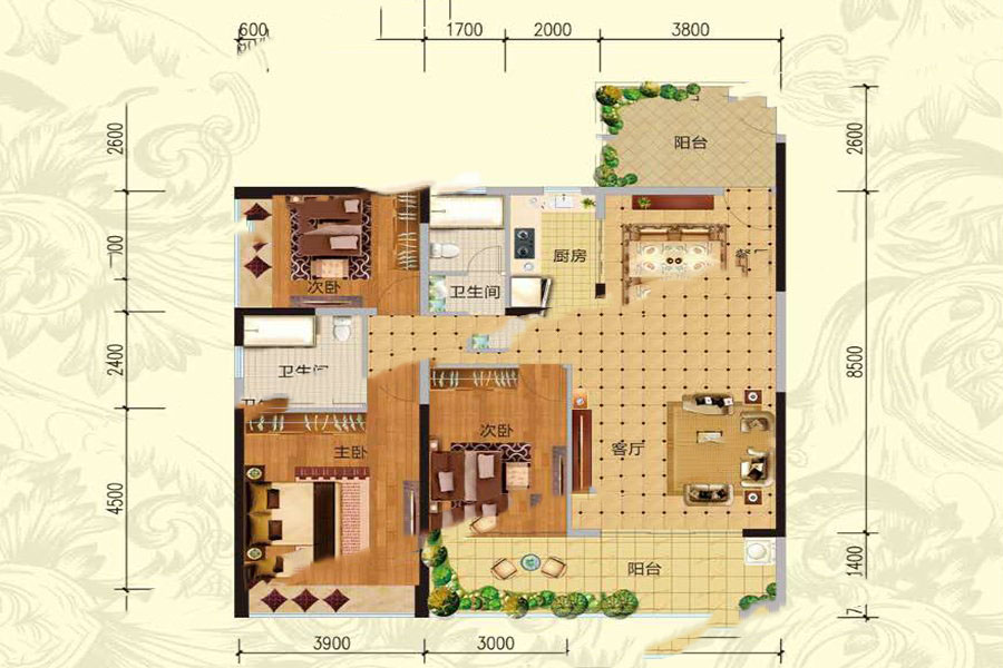 壹方豪庭洋房戶型 3室2廳2衛(wèi)1廚 136㎡