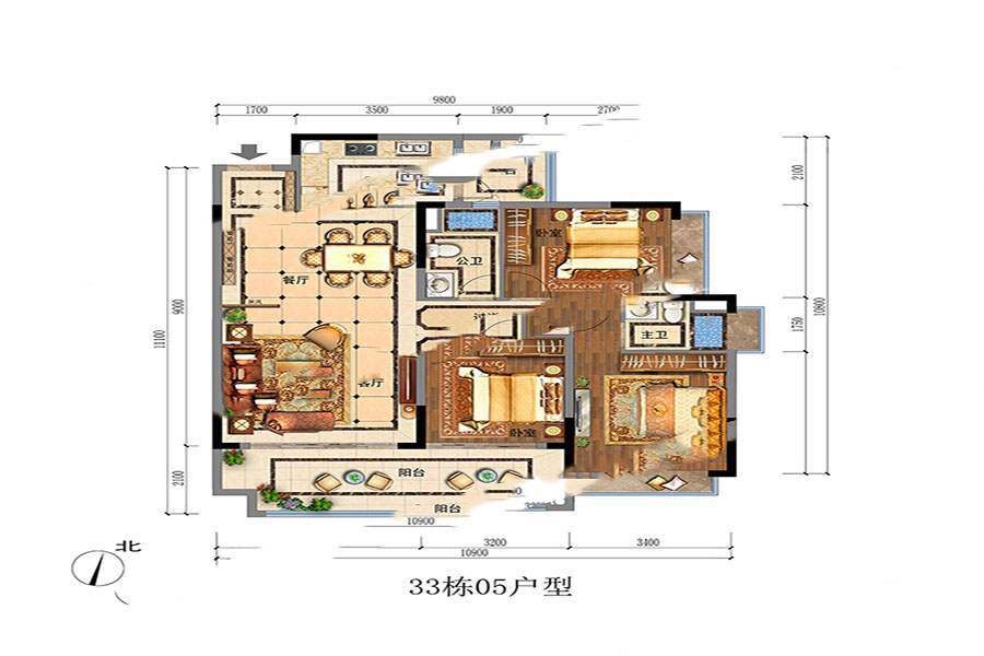 33棟5單元 3室2廳2衛(wèi)1廚 122.99㎡