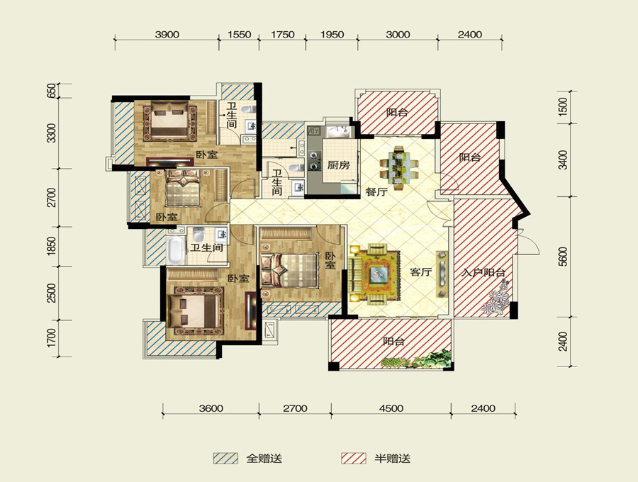 4棟J戶(hù)型 4室2廳3衛(wèi)1廚 159㎡ 190.8萬(wàn)元-套