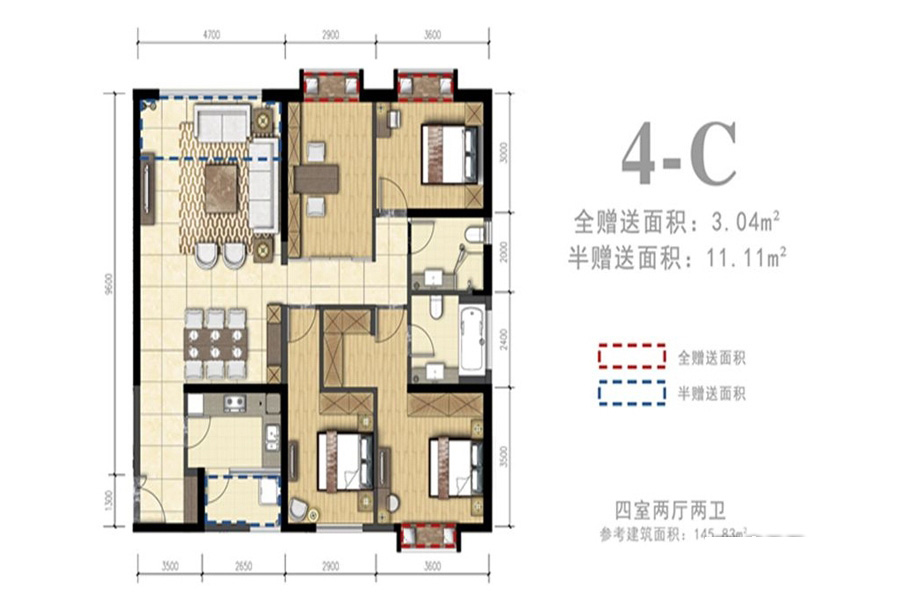 外灘名著4-C 4室2廳2衛(wèi)1廚 145.83㎡ 145.83萬元-套