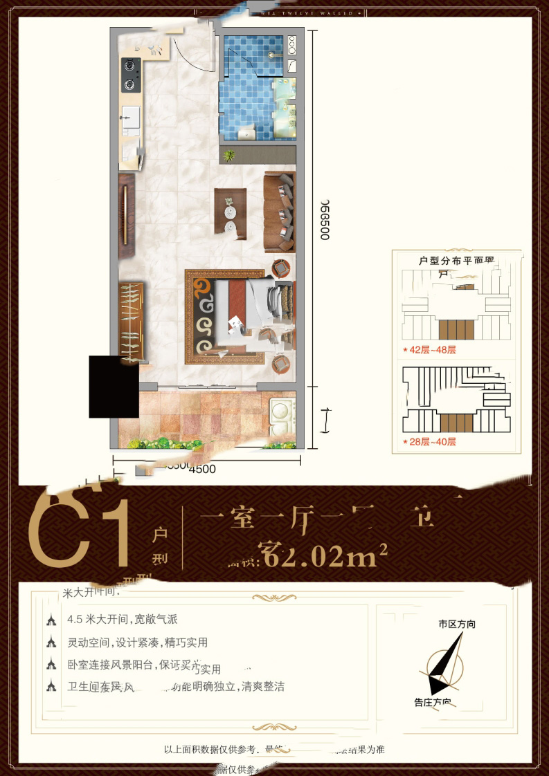 告莊西雙景C1戶型 1室1廳1衛(wèi)1廚 62.02-63㎡