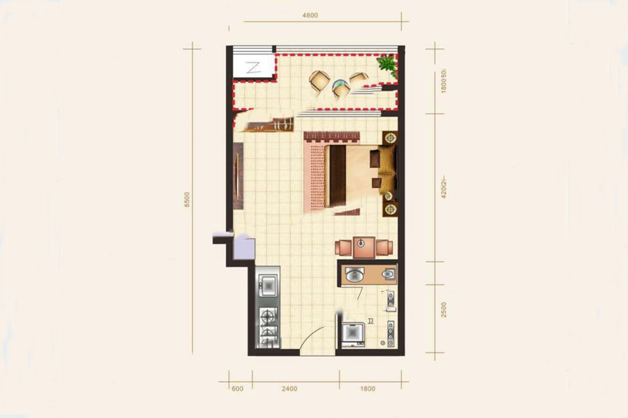 東方西海岸A-3戶型 1室1廳1衛(wèi)1廚 41.97㎡