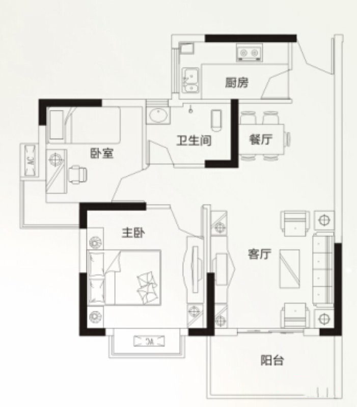 旭日海岸D戶型 2室2廳1衛(wèi)1廚 72.72㎡