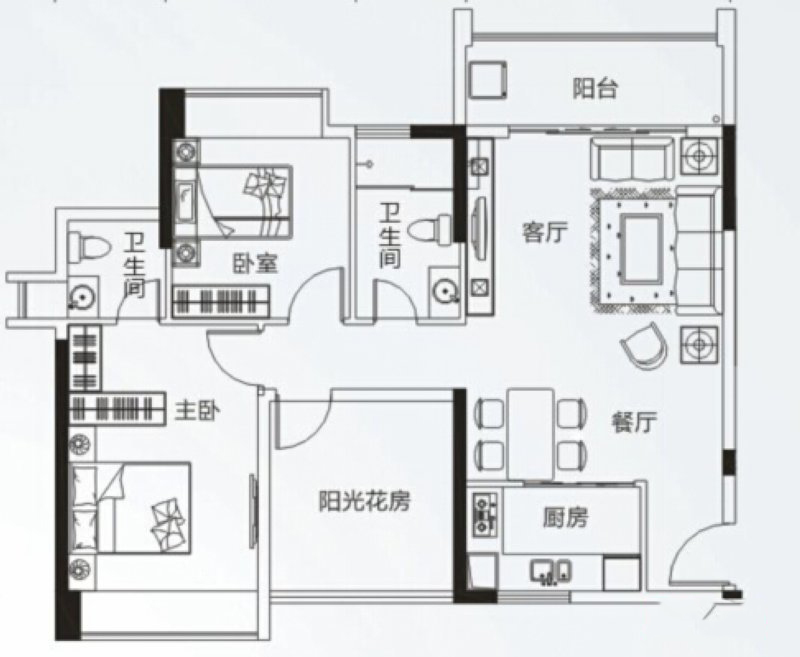 旭日海岸J戶型 3室2廳2衛(wèi)1廚 97.89㎡