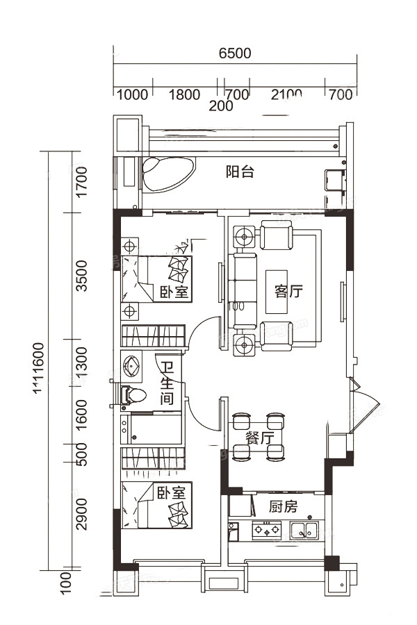 A戶型圖 2室2廳1衛(wèi)1廚 80㎡