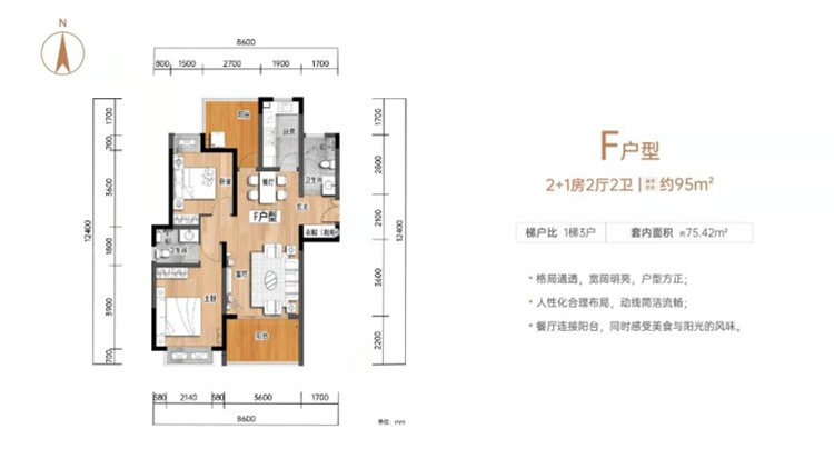 百花天地F戶型 2室2廳2衛(wèi)1廚 95 ㎡